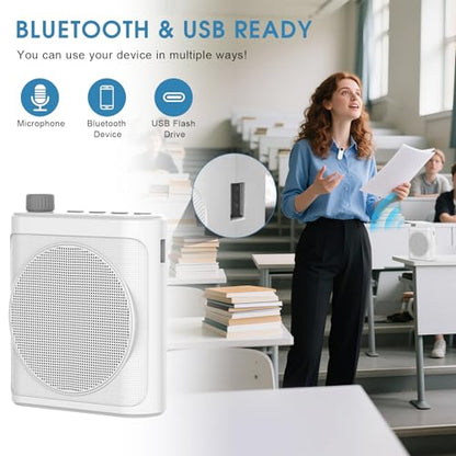 15W Wireless Voice Amplifier for Teachers, Dual Magnetic Lavalier Mics with Noise Reduction, Portable Bluetooth 5.3 PA System for Tour Guide Yoga, 15H Battery Waist-Mount Speaker, 98FT Range (White) - color: White
