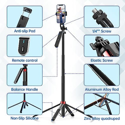 ULANZI MA09 Phone Tripod, 71" Selfie Stick for Luna Gopro Pocket4 Action | Cell Phone Tripod Stand w rechargeable remote, Handheld Shooting, 360° Rotating, 1/4'' Screw for Selfie Video, iPhone Android - color: MA09 Red