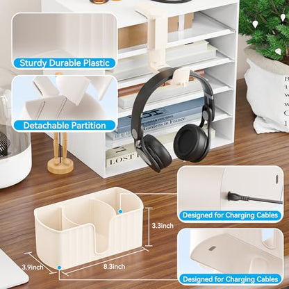4 in 1 Desk Cup Holder with Storage Tray and Headphone Hanger | Clamp on design, rotating headphone hanger, detachable storage tray, cable holes, fits 5-50mm desks