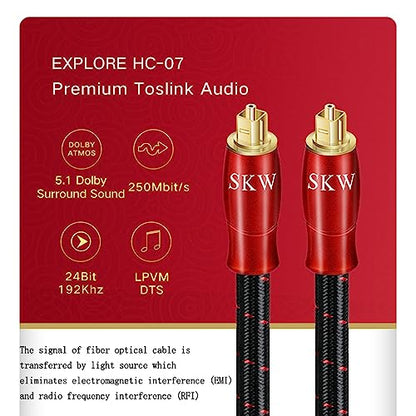 SKW Entry Level HC Series Digital Optical Audio Toslink to Toslink Cable 3.2ft/1M | HC Series, cotton braided 8mm jacket, EMI RFI immune, dust cap included, for TV PS5 Xbox to soundbar receiver home cinema - size: 3.2ft (1m)