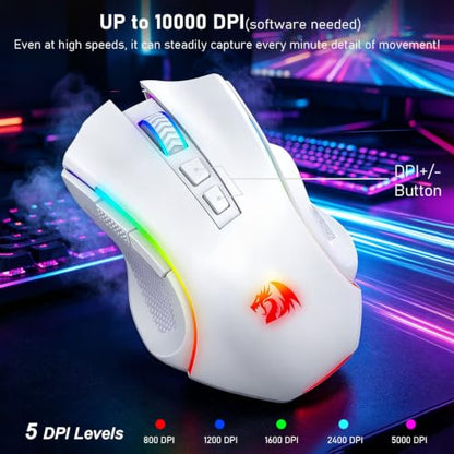Redragon M602 Griffin Wireless RGB Gaming Mouse Tri-Mode 8000DPI - White - color: White