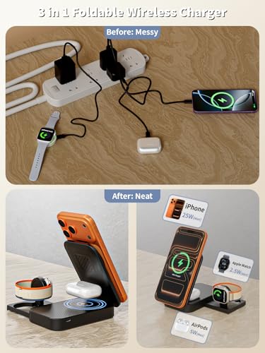 (Apple MFi Certified)3 in 1 Charging Station Apple, 25W 6FT Mag safe Stand Magnetic Charger for iPhone and iWatch with 35W USB C Block for iPhone 17 Pro Max/16 Pro/15 Plus/14/13/12,AirPods,Apple Watch