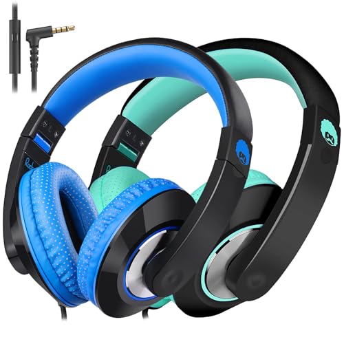rockpapa Comfort+ Kids Headphones with Microphone, Boys Girls Student Over-Ear Headphones Wired Foldable for School Classroom Laptop PC Computer Tablet Black/Blue+Black/Teal - color: Blue/Black/Teal/Black