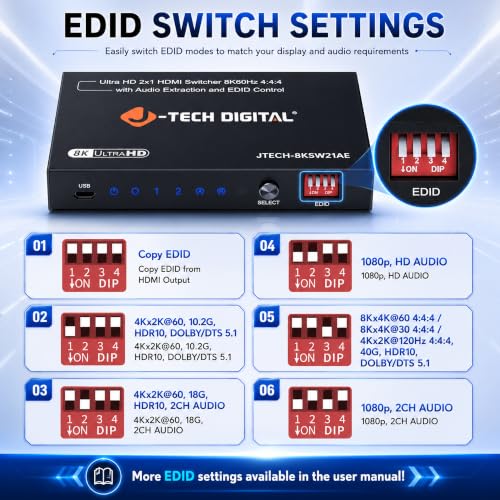 J-Tech Digital 8K HDMI Switch 2 in 1 Out 8K@60Hz 4K@120Hz 1080P@240Hz, HDMI Audio Extraction to Optical & 3.5mm, HDR HDCP 2.3 EDID Control, Compatible with PS5 PS4 Xbox Switch Apple TV Roku Fire TV - style: 2 in 1