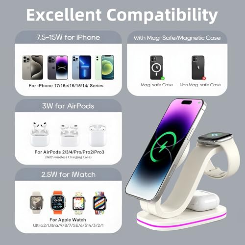 2026 New Fast 15W 3 in 1 Charging Station for iPhone Compatible Magnetic | Wireless Charger Station for iPhone 17 16 15 14 13 12, AirPods and iWatch Series, 35W Charger Included - color: White 3 in 1