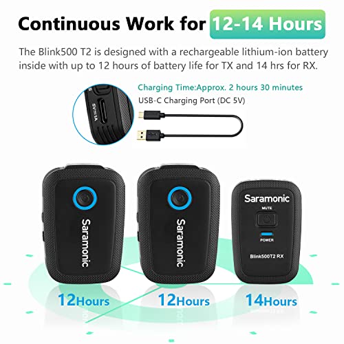 Saramonic Blink500 T2 Wireless Lavalier Microphone for Cameras Camcorder,Noise Cancellation,328ft Range,12H Battery Life,Clip-on Lapel Mic for Video Recording Interview YouTube Live Streaming
