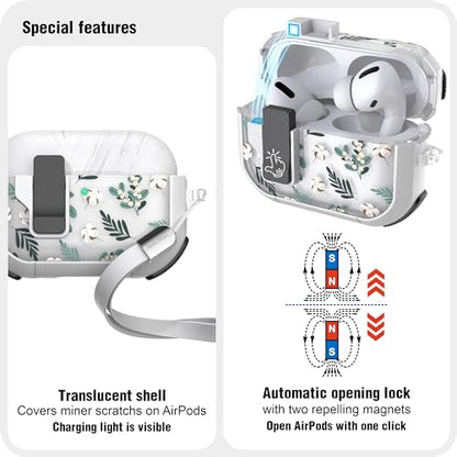 WENEW Case for AirPods Pro & Pro 2 Case Cover Secure Lock Automatic Snap Switch Clip Cleaner Kit Lanyard Women Stylish Leaf Full Body Hard Shell Front LED Visible (Green Leaves, AirPods Pro & Pro 2) - color: Green Leaves, size: AirPods Pro & Pro 2