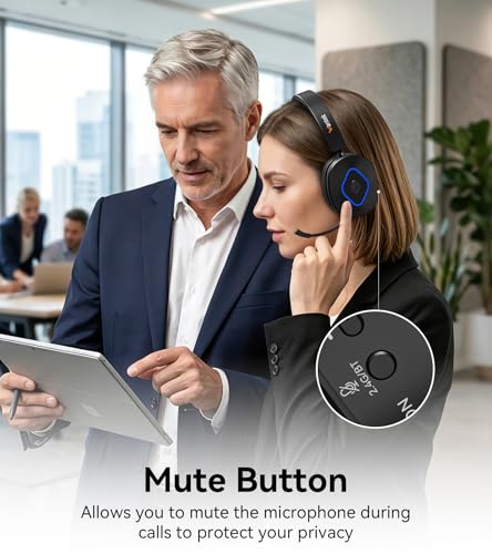 Wantek Wireless Headset with Mic,Bluetooth Computer Headset with USB Dongle | Noise cancelling mic, mute button and volume controls for clear calls on Zoom, Microsoft Teams, meetings and home office work - color: Dark black