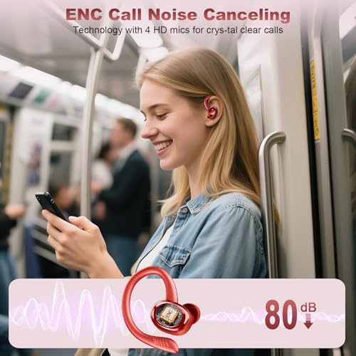 Hupoaf Wireless Earbuds Sport, NEW Bluetooth 5.4 Headphones with Earhooks, 50H Stereo Deep Bass Over Ear Buds with 4 ENC Noise Canceling Mics, IP7 Waterproof Earphones for Running Workout Gym -Red - color: A-Red