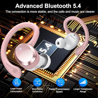 sprtoybat Wireless Earbuds, 2026 New Bluetooth 5.4 Headphones Sport Earphones with 68Hrs Playtime LED Display ENC Noise Cancelling Mic, IPX7 Waterproof Over Ear Ear Buds with Hook for Sports/Running - color: Gold Pink
