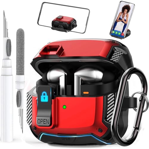 Galaxy Buds 3 Pro/3/3 FE Case Cover with Phone Stand&Lock Clip, Shockproof Samsung Galaxy Buds 3 FE/3/3 Pro Protective Hard Cover Shell with Carabiner&Cleaner kit for Men Women, Black/Red - color: A-Black/Red