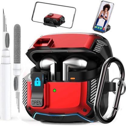Galaxy Buds 3 Pro/3/3 FE Case Cover with Phone Stand&Lock Clip, Shockproof Samsung Galaxy Buds 3 FE/3/3 Pro Protective Hard Cover Shell with Carabiner&Cleaner kit for Men Women, Black/Red - color: A-Black/Red
