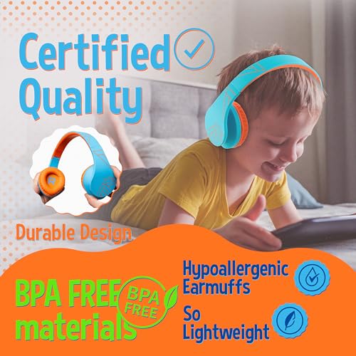 PowerLocus Kids Headphones Over-Ear, Bluetooth Wireless Headphones for Kids,with Microphone, Safe 85DB Volume Limited, Foldable with Carry Case, Audio Cable, Micro SD mode for Online Classes,PC,Phones - color: Blue/Orange