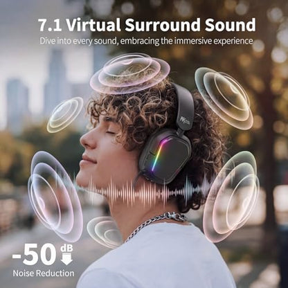 RK ROYAL KLUDGE HG101 Wireless Gaming Headset, 7.1 Surround Sound, Stereo Wired Headphones with Retractable Mic, Bluetooth 5.3, RGB, Memory Foam Ear Pads, Works with PC, PS4, PS5, Switch, Black - color: Black