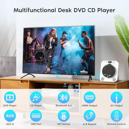 Mini CD DVD Player for TV - Portable Bluetooth CD DVD Player with HDMI & AV Cables, Built-in Speakers, USB/AUX Playback, 1080P Upscaling, Wall-Mountable Compact Desktop Player for Home