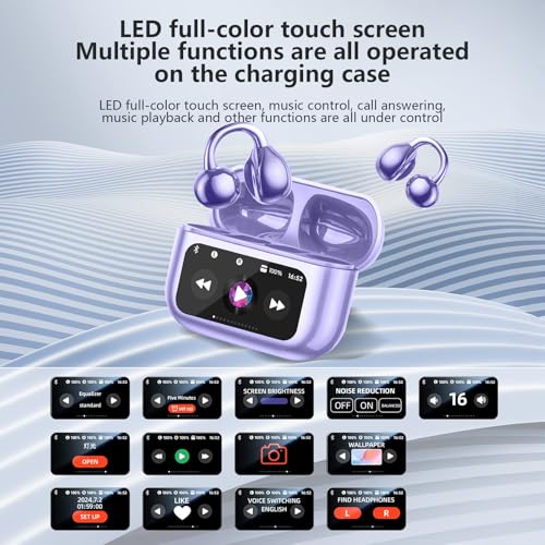 Open Ear Bone conduction Headphones Bluetooth 5.4 Wireless Clip On Earbuds with Digital Display Charging Case 40 Hours Playtime Sport Earphones Built-in Mic IPX7 Waterproof for Running Fitness Purple - color: Purple
