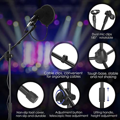 Sherr 4 Pcs Tripod Microphone Stand Adjustable Boom Height Mic Stand with Mic Clip and Windscreen for Live Stream, Singing, Stage Performance, Studio, Max Height 60 Inch