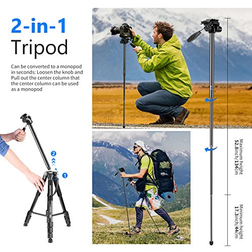 NEEWER Portable Aluminum Alloy Camera 2 in 1 Tripod Monopod Max. 70"/177cm with 3 Way Swivel Pan Head and Carrying Bag for DSLR, DV Video Camcorder (SAB264, Black) - style: SAB264/Black