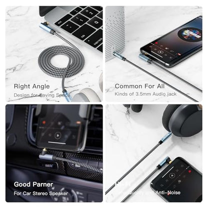 3.5mm Headphone Extension Cord 12ft,3.5mm Male to Female Stereo Audio Extension Cable/90 Degree Right Angle Aux Cable for Smartphones, Tablets, Media Players - size: 12 ft
