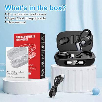 Open Ear Earbuds, Bluetooth 5.3 Wireless Air Conduction Headphones with Mic, LED Display Charging Case&Fast Charging, Ultra-Light Weight, 80H Playtime Earbuds for Work, Sports (Black) - color: Black