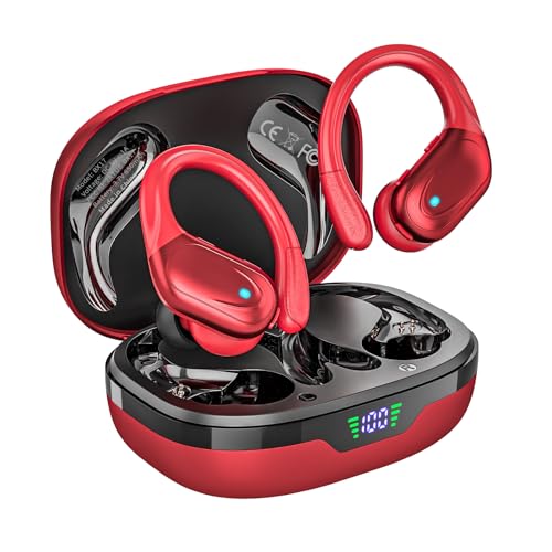 HAOYUYAN Wireless Earbuds, Sports Bluetooth Headphones, Noise Canceling Ear Buds with 80hr Playtime, LED Power Display, IPX7 Waterproof Earphones for Gym/Workout（Red） - color: Red