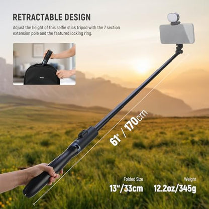 NEEWER Entry Level Version Selfie Stick Tripod with Light & Remote Compatible with iPhone Samsung Android, 67" Extendable Portable Travel Cell Phone Holder Stand for Video Recording Filming, PA987