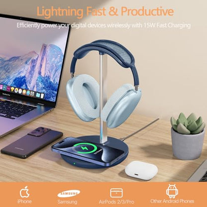 Hiwe Headphone Stand with Wireless Charger, Headset Holder for Desktop | 2 in 1 Charging Station for iPhone, Samsung, AirPods and Desk All Headphones, Aluminum Support Rod, Heavy Base, Navy Blue - color: Navy Blue