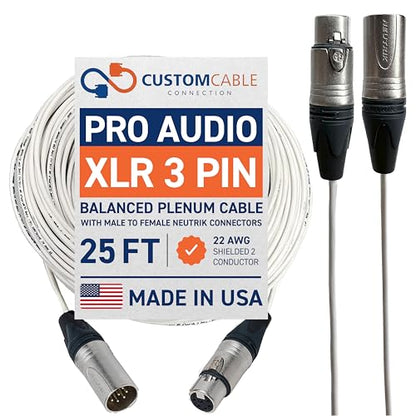 Custom Cable Connection 25 Foot Plenum XLR Male to Female Plenum Balanced Pro Audio Cable, White - color: White, size: 25 Foot