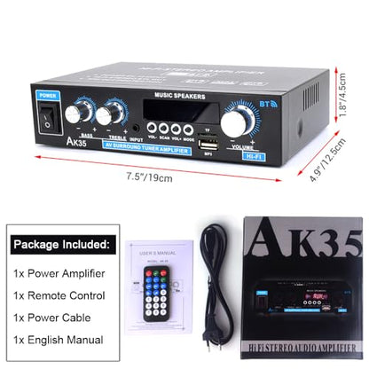 AK35 Stereo Amplifier Home Audio Bluetooth 5.0 Max 200W 2.0 Channel Mini Amplifier Stereo Receivers for Car, Home Party, Audio Amplifier AMP w/USB/TF Card/AUX Input/Bass & Treble Control - size: AK35