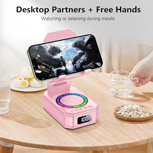 Gifts for Women, Phone Stand with Wireless Bluetooth Speaker and Anti-Slip Base, Gadgets for Anniversary Idea Gift, Phone Charger Stand with LED Lights, Kitchen Gadget Compatible with IOS Android - color: Light Pink