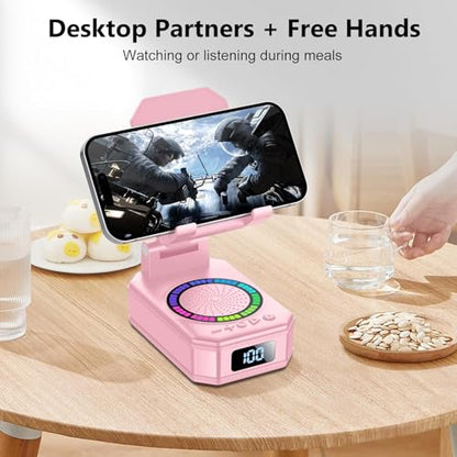 Gifts for Women, Phone Stand with Wireless Bluetooth Speaker and Anti-Slip Base, Gadgets for Anniversary Idea Gift, Phone Charger Stand with LED Lights, Kitchen Gadget Compatible with IOS Android - color: Light Pink