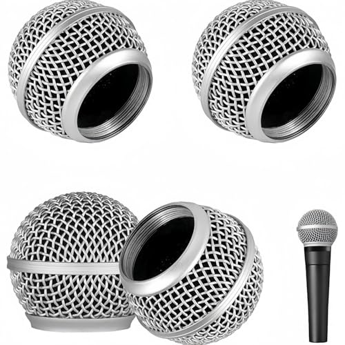 4 PCS Replacement Grilles for Shure Wired and Wireless SM58, Beta58A, SV100 Microphones, Microphone Grille Ball with Inner Foam, Steel Mesh Microphone Grille Head - Silver