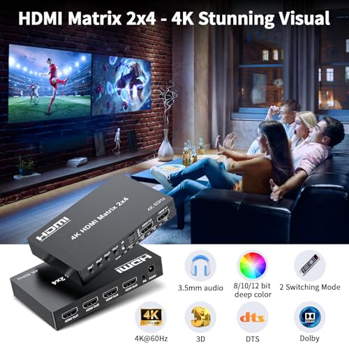 4K 2x4 HDMI Matrix Switch, 2 in 4 Out Matrix HDMI 2.0 Video Switcher Splitter, Optical & 3.5mm Audio Output, Support 4K 60Hz HDR HDCP2.2, 18Gbps, with IR Remote Control for NS PS5 Fire Stick etc - size: 4K 2X4 Matrix with EDID