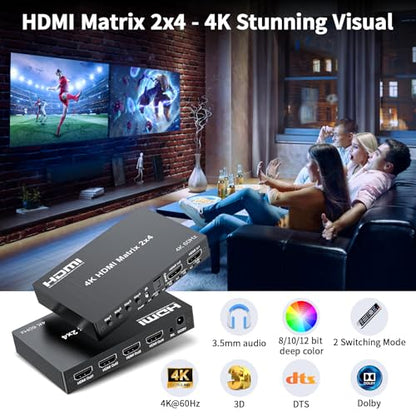4K 2x4 HDMI Matrix Switch, 2 in 4 Out Matrix HDMI 2.0 Video Switcher Splitter, Optical & 3.5mm Audio Output, Support 4K 60Hz HDR HDCP2.2, 18Gbps, with IR Remote Control for NS PS5 Fire Stick etc - size: 4K 2X4 Matrix with EDID