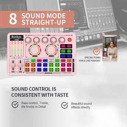 F999 Pink Live Streaming Sound Card, Professional Audio Mixer, Voice Changer Soundboard with Audio Interface, Bluetooth, Noise Reduction, DJ Mixer Board for Live/Podcasting/Gaming - color: Pink