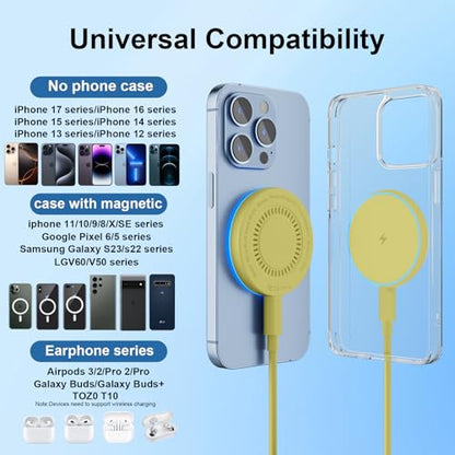 MagSafe Charger 2 Pack 15W Magnetic Wireless Charger Fast Charging Pad Compatible with iPhone 17/16/15/14/13/12 Series & AirPods 3/2/Pro Magnetic MagSafe Charging Pad with Dual Ports-Yellow | Two USB-C cables and two USB-A adapters, compatible with iPhone