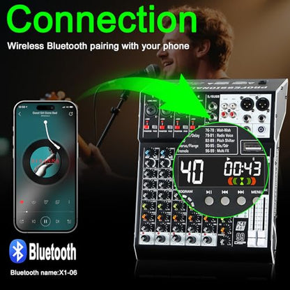 Audio Mixer 6 Channel Professional Sound Mixer Console with 99 DSP Effects, Mixing Board DJ Mixer w/USB, Bluetooth, 48V Power Supply, PAD Button for Recording Karaoke PA Drum Live Music