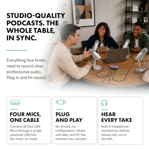 Movo 4-Person USB Podcast Equipment Bundle – 4 Condenser Mics, Hub & Case - color: Silver