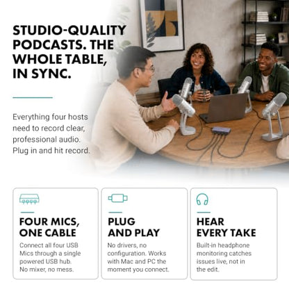 Movo 4-Person USB Podcast Equipment Bundle – 4 Condenser Mics, Hub & Case - color: Silver