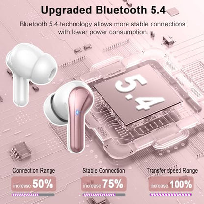 2026 Wireless Earbuds, Bluetooth 5.4 Headphones HiFi Stereo, 50H Playtime | In-Ear Headphones with ENC Noise Cancelling Mics, IP7 Waterproof Wireless Headphones, Earbuds for Android iOS, LED Display - color: Bright Rose Gold