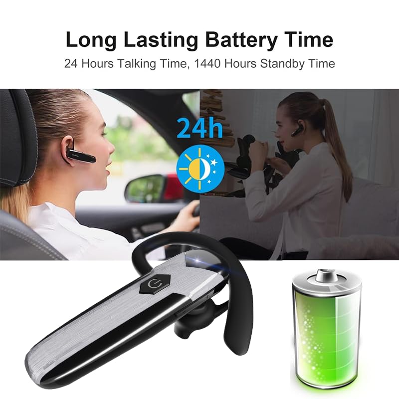 Bluetooth Headset V5.3 Single-Ear Earpiece with Wireless Microphone 48H Battery, Bluetooth Earpiece - Handsfree for Driving/Truck Drivers, Compatible with iPhone, Android, Samsung - color: Silver-Gray-Black