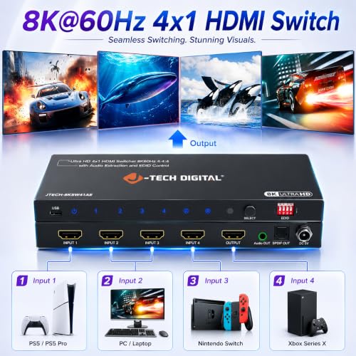 J-Tech Digital 8K HDMI Switch 4 in 1 Out 8K@60Hz 4K@120Hz 1080P@240Hz, HDMI Audio Extraction to Optical & 3.5mm, HDR HDCP 2.3 EDID Control, Compatible with PS5 PS4 Xbox Switch Apple TV Roku Fire TV - style: 4 in 1