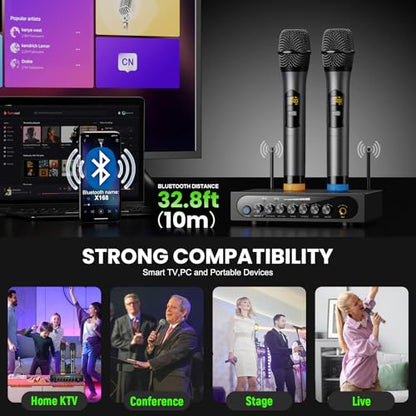 Wireless Microphone System Cordless Dynamic Mic UHF Dual Channel Wireless Handheld Microphone with Echo Bluetooth Volume Control for Karaoke Singing Church for Amplifier Speaker Mixer - size: 2 Channel UHF Cordless Handheld Dynamic Mic