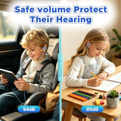 Owliwise USB C Kids Wired Earbuds with Case, mic, 85/94dB Volume Limited - color: Blue