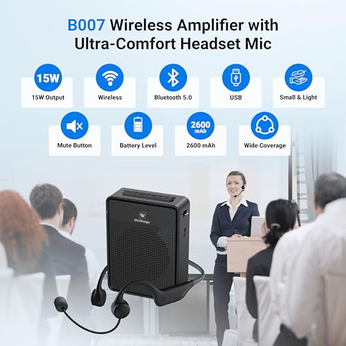 Voice Amplifier Wireless Ear-Hook Headset Microphone B007 | Portable Microphone and Speaker Pa System , 15W Speaker with Noise Cancelling Bluetooth Mic for Teachers, Fitness, Elderly