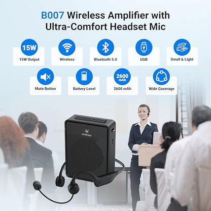 Voice Amplifier Wireless Ear-Hook Headset Microphone B007 | Portable Microphone and Speaker Pa System , 15W Speaker with Noise Cancelling Bluetooth Mic for Teachers, Fitness, Elderly