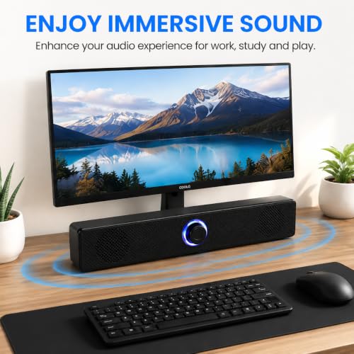 Computer Speakers USB Powered Wired Stereo with Illuminated Volume Knob and 3.5mm Aux Plug for PC Desktop Laptop Office with Clear Audio Easy Setup and Portable Design - color: Black