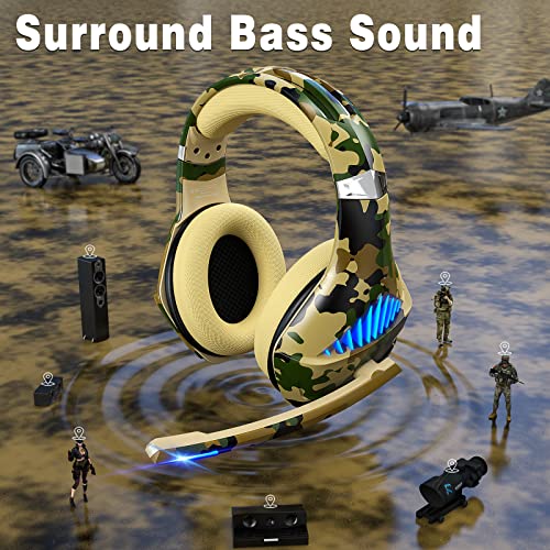 Tatybo Gaming Headset for PS5 PS4 Xbox ONE Switch PC with Noise Cancelling Over-Ear Stereo Bass Surround Sound Gaming Headphone -Camo