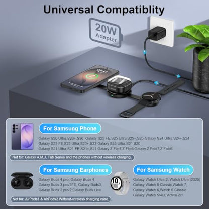 3 in 1 Wireless Charging Station Charger Pad for Samsung Multiple Devices | 18W Foldable Travel Magnetic Fast Wireless Charger Dock for Galaxy S26Ultra S26+ S26 S25 S24 S23 Galaxy Watch8/7 Galaxy Buds4