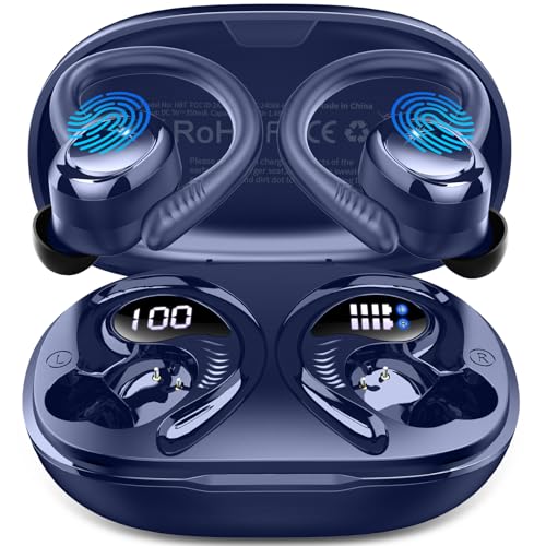 Hupoaf Wireless Earbuds Sport, 2025 Bluetooth 5.4 Headphones with Earhooks, 50H Stereo Deep Bass Over Ear Buds with 4 ENC Noise Canceling Mics, IP7 Waterproof Earphones for Running Workout Gym -Blue - color: A-Dark Blue